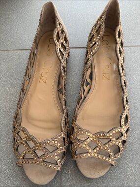 Lola Cruz Taupe Studded Cutout Peep-Toe Flats